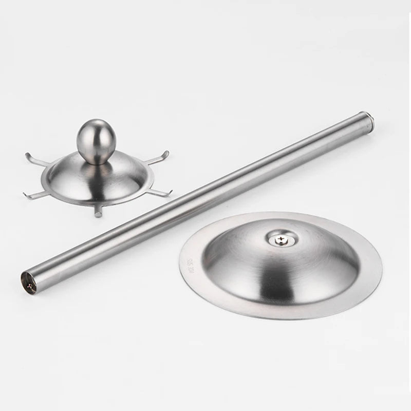 Soporte organizador para utensilios de cocina de acero inoxidable con carrusel giratorio de 360 grados y 6 ganchos.