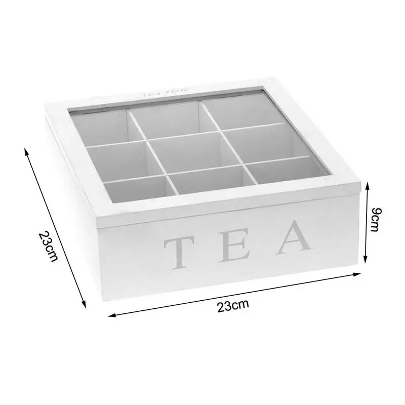 Caja de té de bambú blanco con 9 compartimentos, organizador para guardar bolsitas de té y café, ideal para armarios de cocina y el hogar.