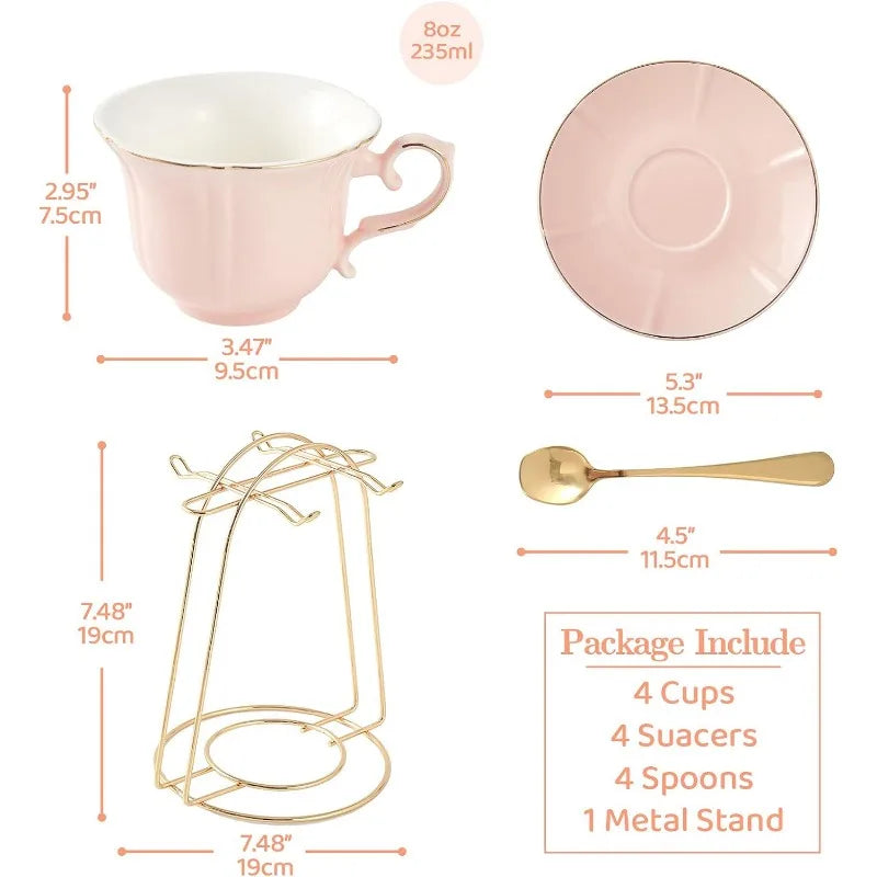 Juego de tazas de té y platillos con borde dorado (8.5 oz), tazas de café con impresión en relieve de lujo y soporte de metal, Royal British