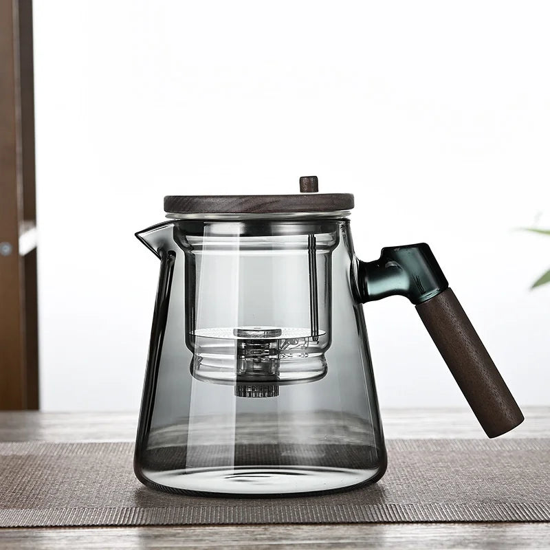 Tetera de vidrio con filtro y mango de madera para separar el té con un solo clic, recipiente interior con infusor y filtro.