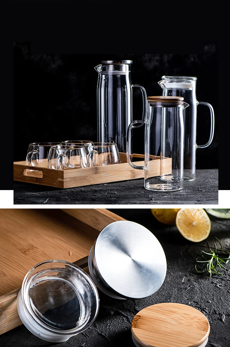 Botella de agua de vidrio espesado de 1000 ml con tapa de bambú, jarra de jugo a prueba de explosiones de vidrio espesado Gaopeng.