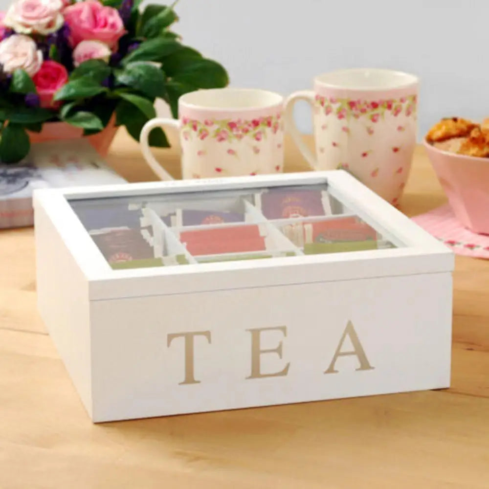 Caja de té de bambú blanco con 9 compartimentos, organizador para guardar bolsitas de té y café, ideal para armarios de cocina y el hogar.
