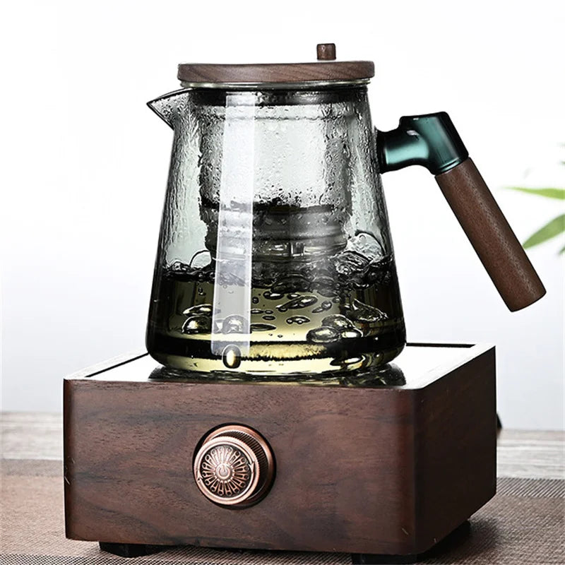 Tetera de vidrio con filtro y mango de madera para separar el té con un solo clic, recipiente interior con infusor y filtro.