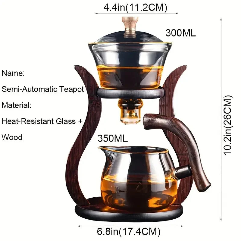 Juego de té de vidrio Kungfu Lazy, tetera con mango magnético de madera, tetera de vidrio semiautomática con infusor y sistema de goteo giratorio.