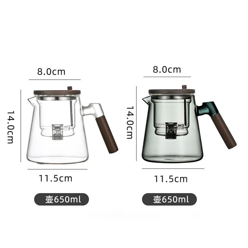 Tetera de vidrio con filtro y mango de madera para separar el té con un solo clic, recipiente interior con infusor y filtro.