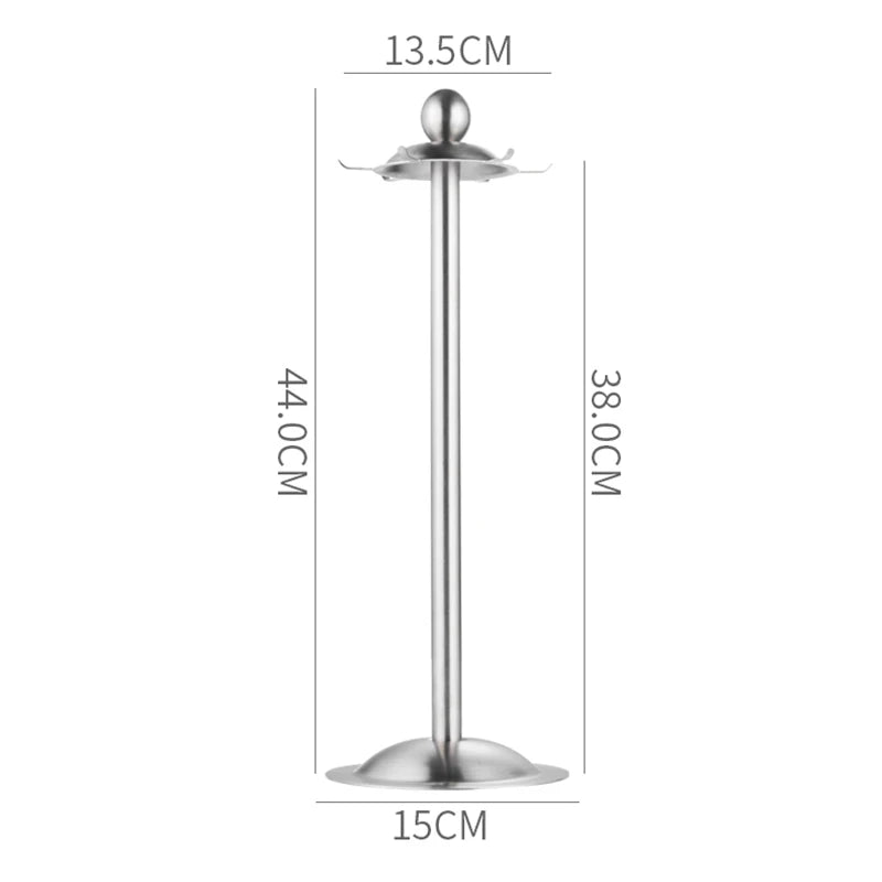 Soporte organizador para utensilios de cocina de acero inoxidable con carrusel giratorio de 360 grados y 6 ganchos.
