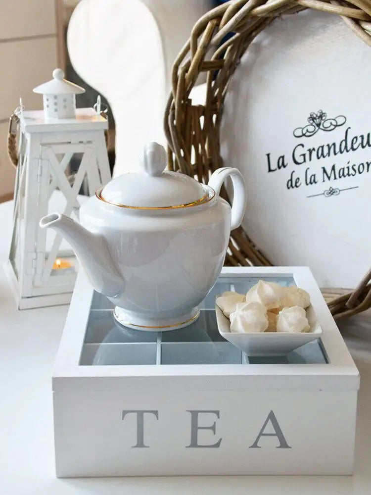 Caja de té de bambú blanco con 9 compartimentos, organizador para guardar bolsitas de té y café, ideal para armarios de cocina y el hogar.