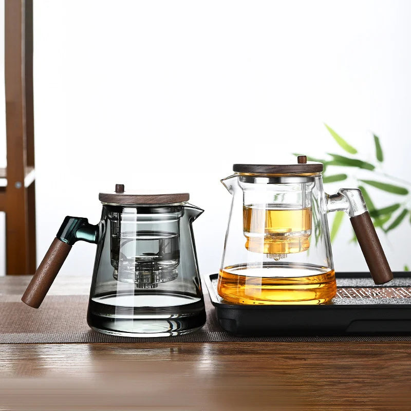 Tetera de vidrio con filtro y mango de madera para separar el té con un solo clic, recipiente interior con infusor y filtro.