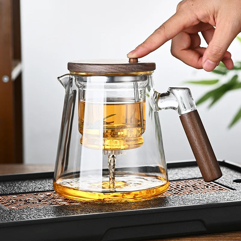 Tetera de vidrio con filtro y mango de madera para separar el té con un solo clic, recipiente interior con infusor y filtro.
