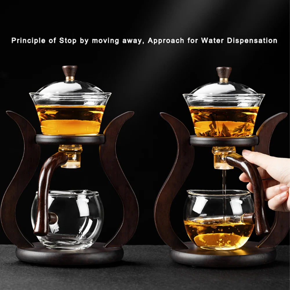 Juego de té de vidrio Kungfu Lazy, tetera con mango magnético de madera, tetera de vidrio semiautomática con infusor y sistema de goteo giratorio.