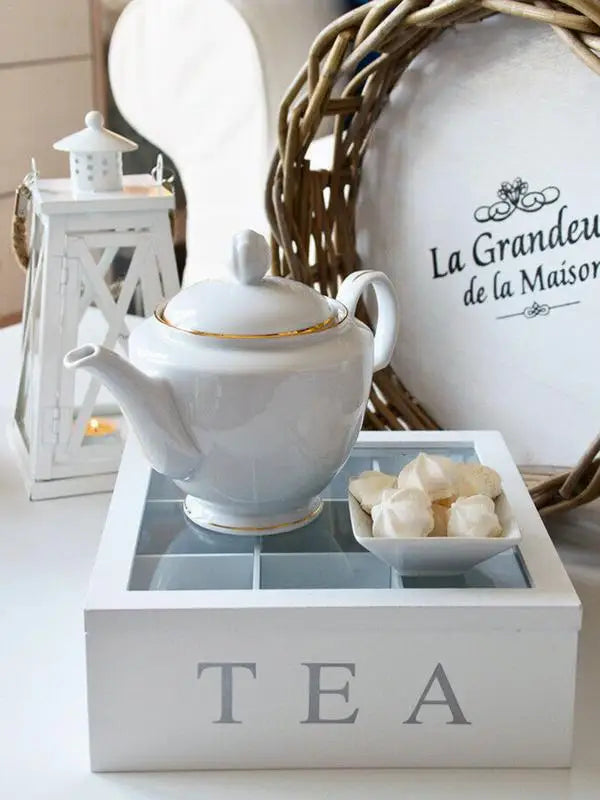 Caja de té de bambú blanco con 9 compartimentos, organizador para guardar bolsitas de té y café, ideal para armarios de cocina y el hogar.