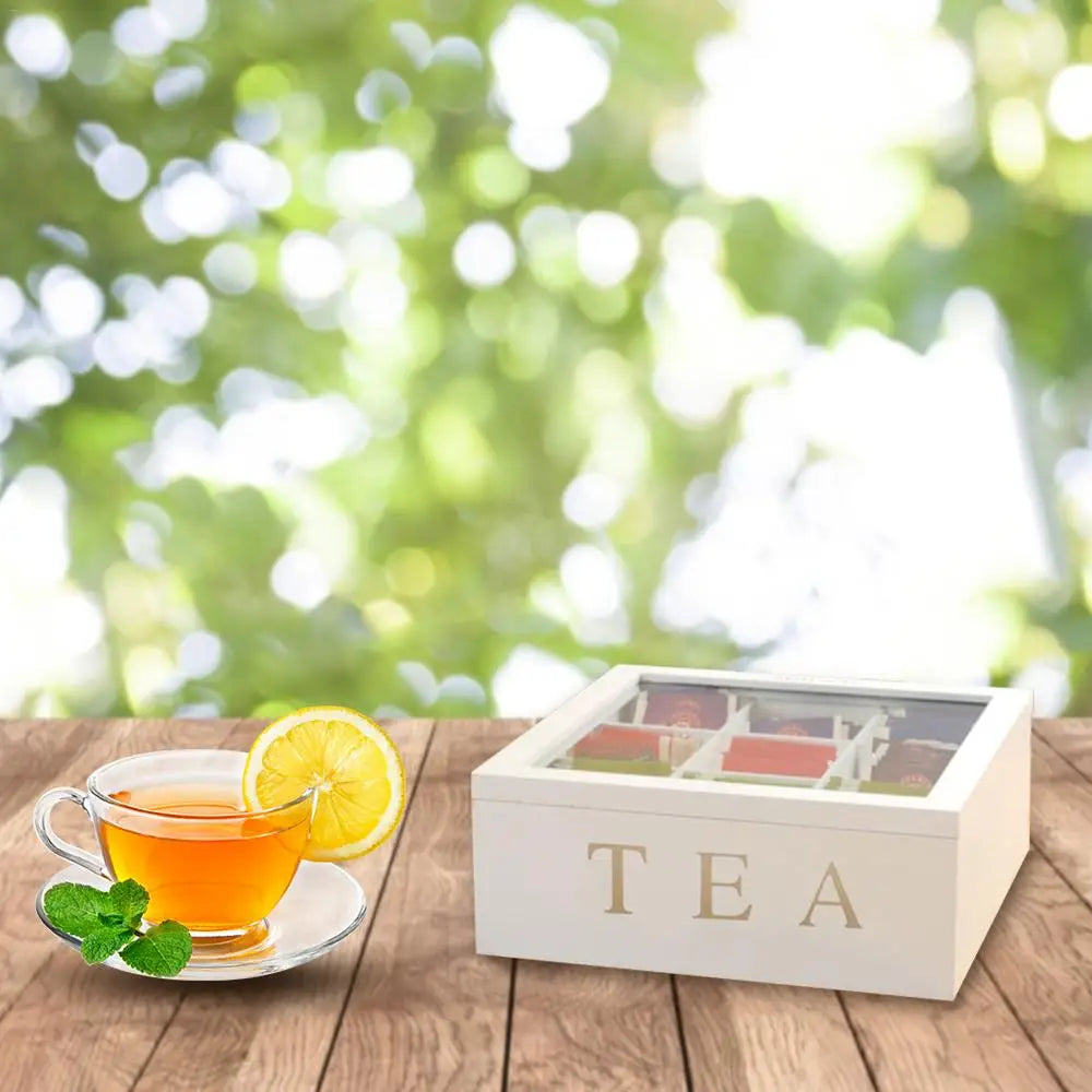 Caja de té de bambú blanco con 9 compartimentos, organizador para guardar bolsitas de té y café, ideal para armarios de cocina y el hogar.