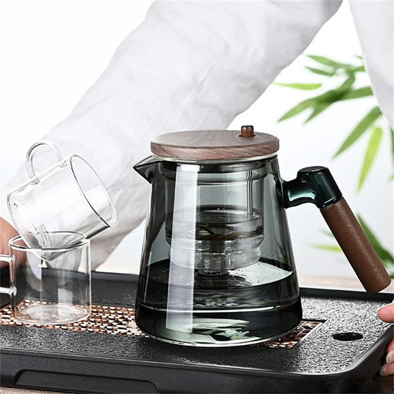 Tetera de vidrio con filtro y mango de madera para separar el té con un solo clic, recipiente interior con infusor y filtro.