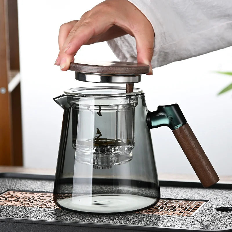 Tetera de vidrio con filtro y mango de madera para separar el té con un solo clic, recipiente interior con infusor y filtro.
