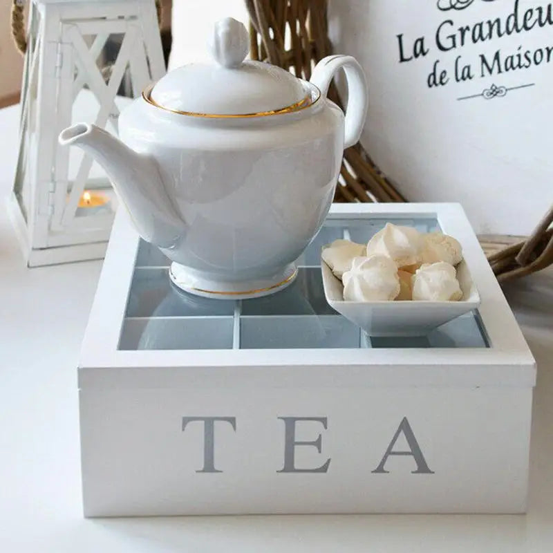 Caja de té de bambú blanco con 9 compartimentos, organizador para guardar bolsitas de té y café, ideal para armarios de cocina y el hogar.