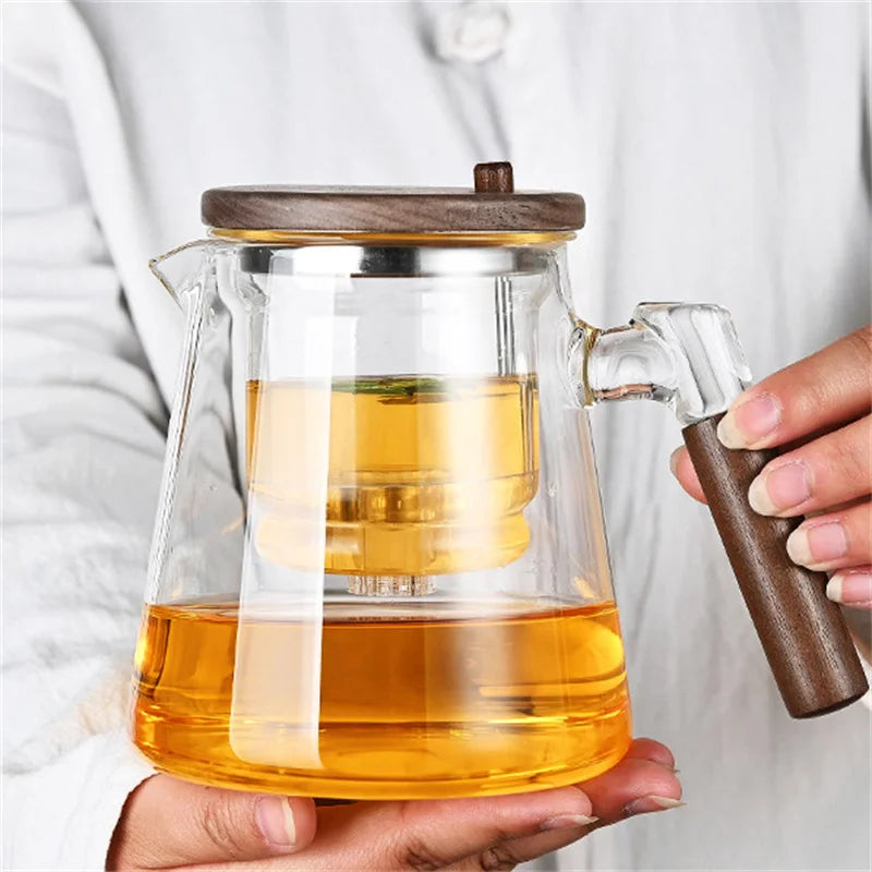 Tetera de vidrio con filtro y mango de madera para separar el té con un solo clic, recipiente interior con infusor y filtro.