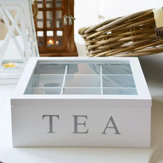 Caja de té de bambú blanco con 9 compartimentos, organizador para guardar bolsitas de té y café, ideal para armarios de cocina y el hogar.