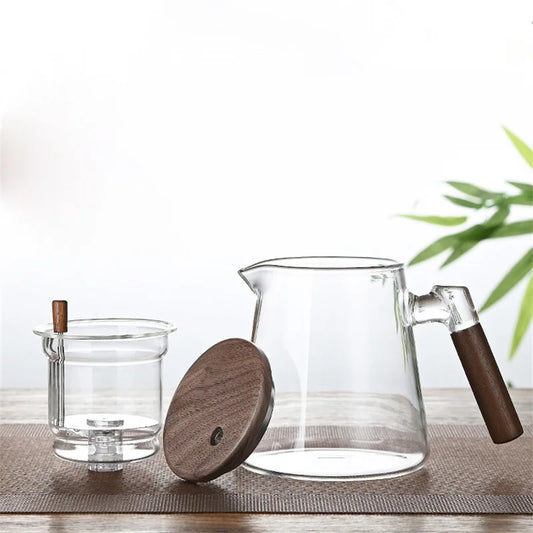 Tetera de vidrio con filtro y mango de madera para separar el té con un solo clic, recipiente interior con infusor y filtro.