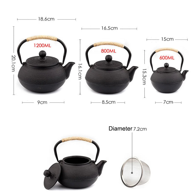 Tetera de hierro con infusor de acero inoxidable, tetera de hierro fundido para hervir agua y té oolong, 600/800/1200 ml