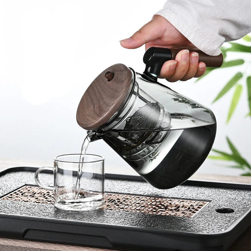 Tetera de vidrio con filtro y mango de madera para separar el té con un solo clic, recipiente interior con infusor y filtro.