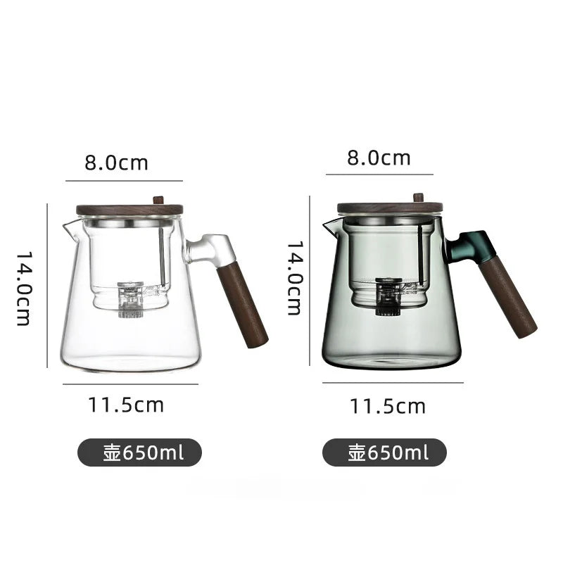 Tetera de vidrio con filtro y mango de madera para separar el té con un solo clic, recipiente interior con infusor y filtro.