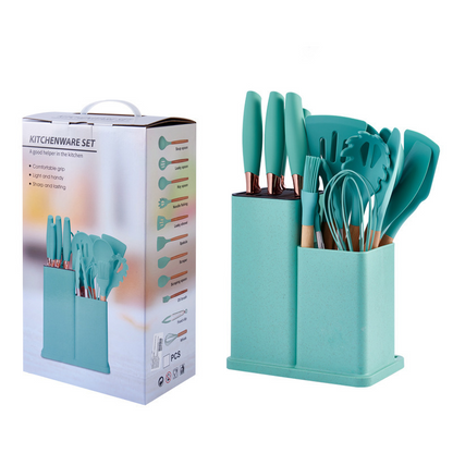 19Pcs Silicone Non-Stick Cookware Utensils Set Wooden Handle Spatula Egg Beaters Kitchenware Heat Resistant Kitchen Accessories