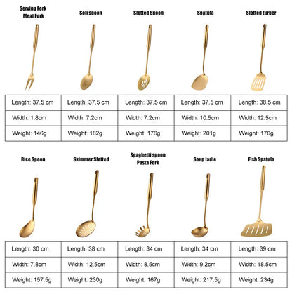 1pc Gold Kitchenware Set Long Handle Cooking Tools Metal Polish Slotted Turner Stainless Steel Kitchen Accessories Utensil