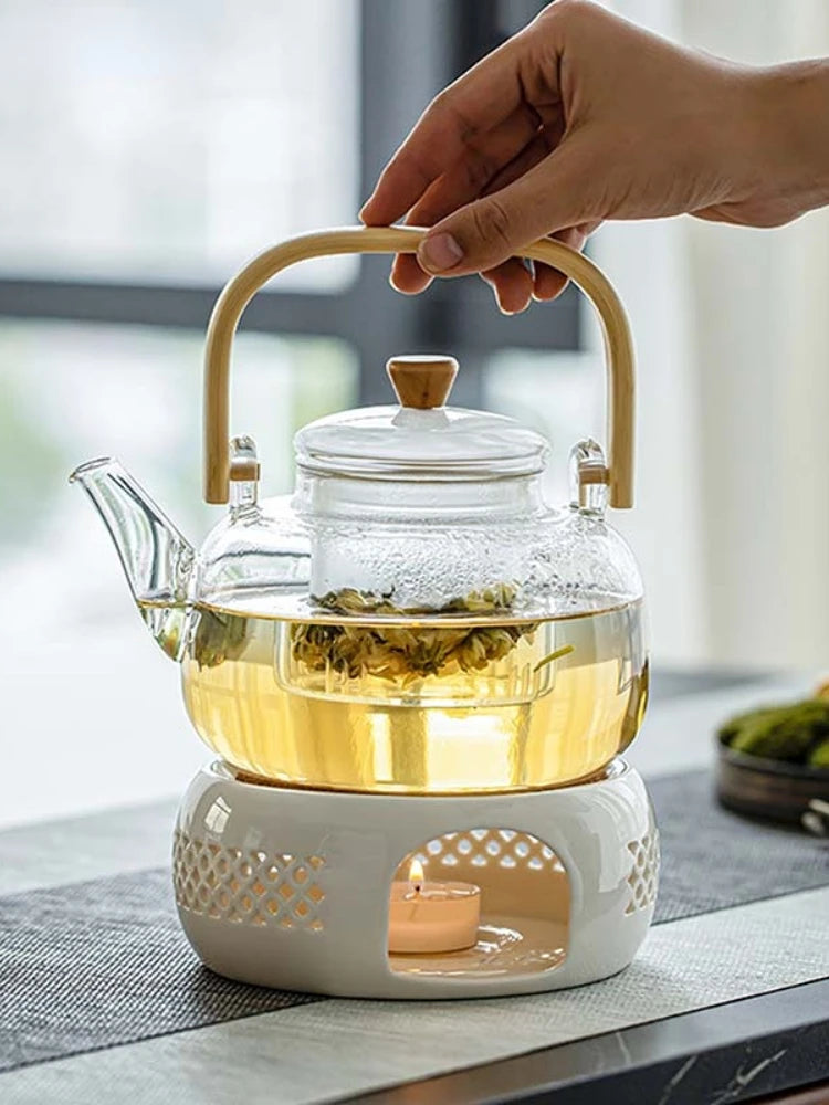 Handle Glass Tea pot Heat-Resistant Teapot Flower Tea Kettle Large Clear Fruit Juice Container Ceramic Teapot Holder Base