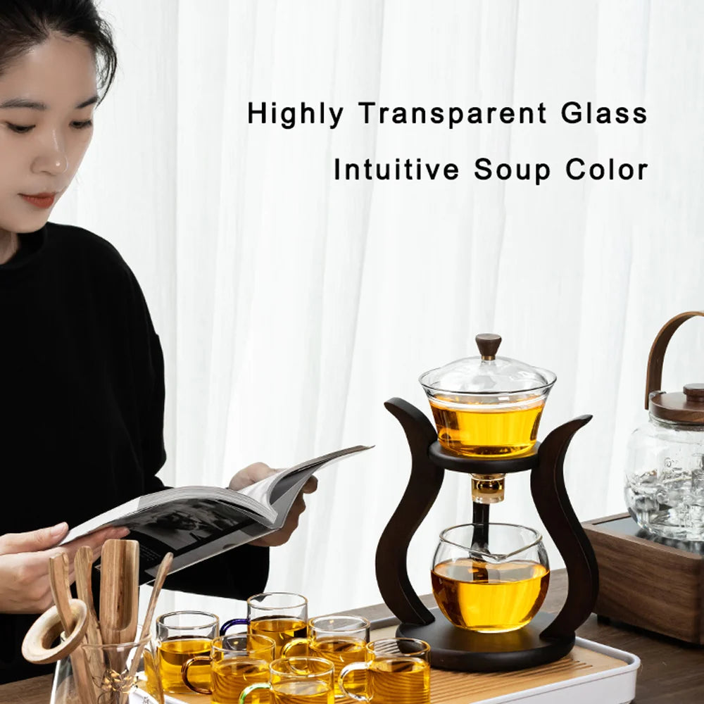 Lazy Kungfu Glass Tea Set, Magnetic Wooden Handle Tea Pot Set, Semi Automatic Drip Rotating with Infuser Glass Teapot Set