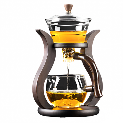 Lazy Kungfu Glass Tea Set, Magnetic Wooden Handle Tea Pot Set, Semi Automatic Drip Rotating with Infuser Glass Teapot Set