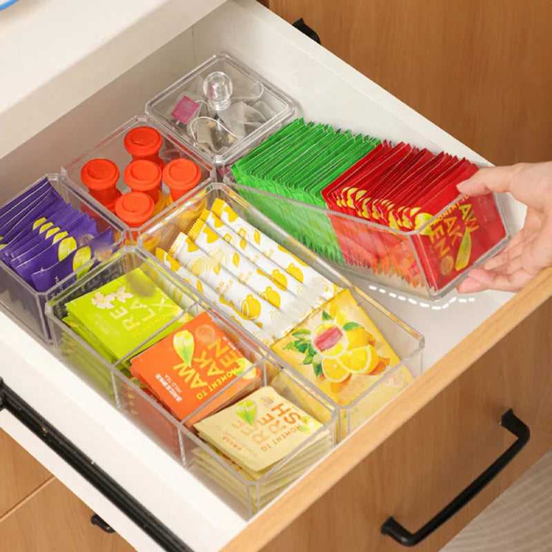 3 Cells Acrylic Storage Divider Box Tea Bag Storage Box Drawer Coffee Capsule Sorting Visible Box Acrylic Sealed Storage Tank