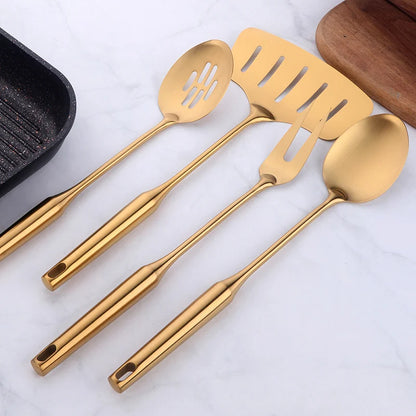 1pc Gold Kitchenware Set Long Handle Cooking Tools Metal Polish Slotted Turner Stainless Steel Kitchen Accessories Utensil