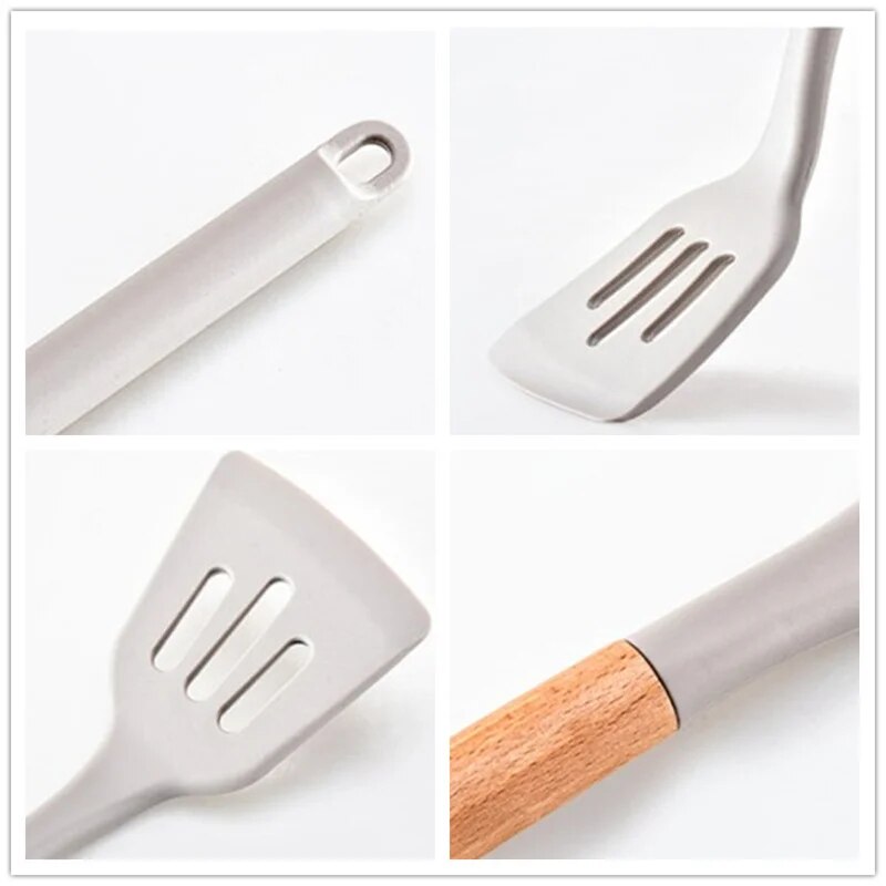 Non-stick Silicone Kitchenware Wooden Handle Cooking Utensils Set   Spatula Spoon Turner Soup Ladle Whisk Cookware Kitchen Tools