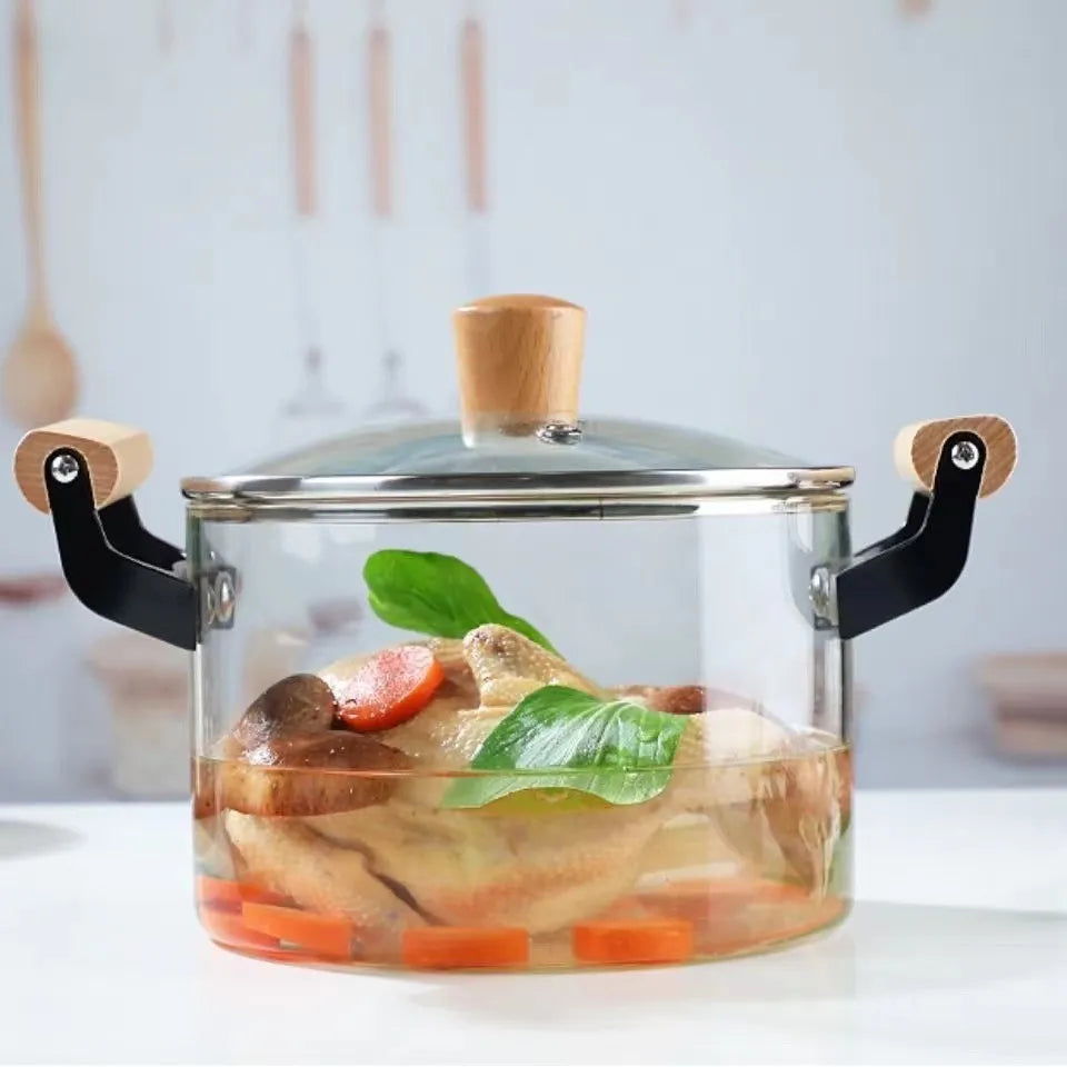 2.5L/3L/4L/5L Kitchen Cooking Saucepan with lid and double wooden handle Glass Pot Cookware for pasta, noodles, soups, milk