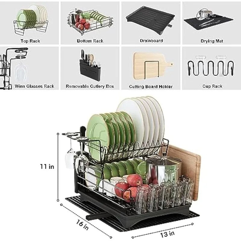 organizers Dish Drying Racks for Kitchen Counter, Stainless Steel 2 Tier Black Rack with Drainboard Set, Drainers