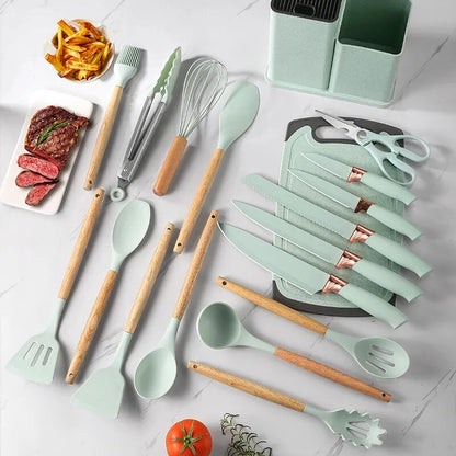 19Pcs Silicone Non-Stick Cookware Utensils Set Wooden Handle Spatula Egg Beaters Kitchenware Heat Resistant Kitchen Accessories