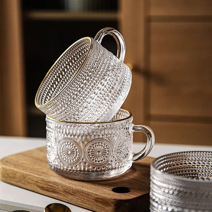 Embossed Pattern Glass Cup Set Delicate Coffee Water Tea Milk Drinks Mug Large Capacity Breakfast Cups Drinking Utensils Glasses