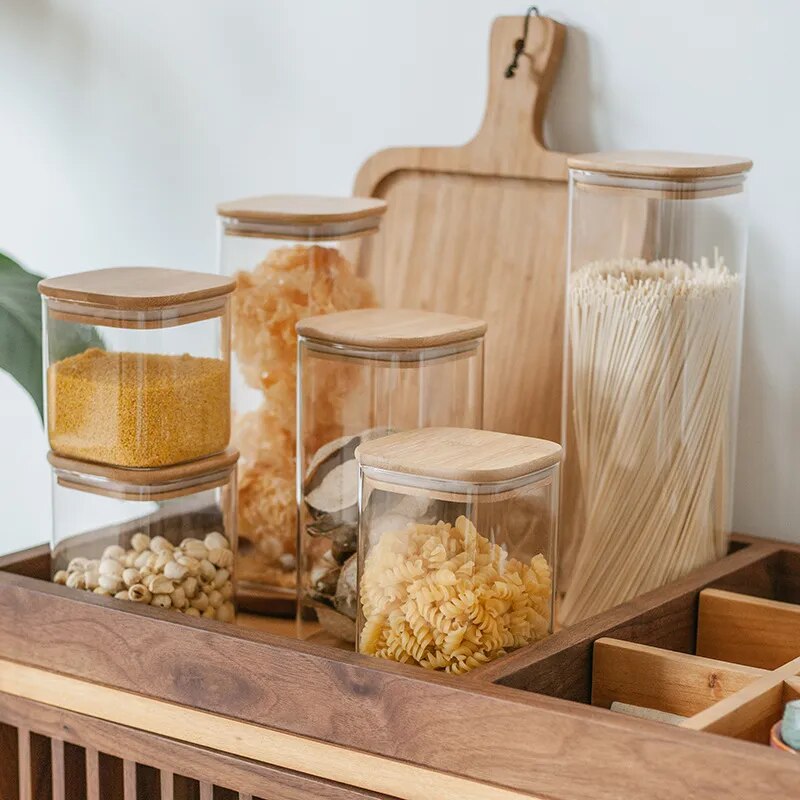 Sealing Kitchen Grain Tea Mason Storage Tank With Bamboo Cover Glass Jars For Spices Condiments Organizer Airtight Container