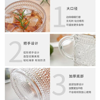 Embossed Pattern Glass Cup Set Delicate Coffee Water Tea Milk Drinks Mug Large Capacity Breakfast Cups Drinking Utensils Glasses