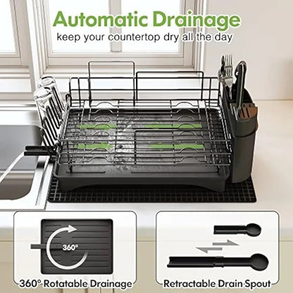 organizers Dish Drying Racks for Kitchen Counter, Stainless Steel 2 Tier Black Rack with Drainboard Set, Drainers