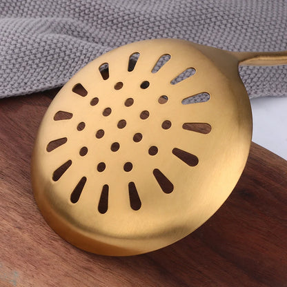 1pc Gold Kitchenware Set Long Handle Cooking Tools Metal Polish Slotted Turner Stainless Steel Kitchen Accessories Utensil