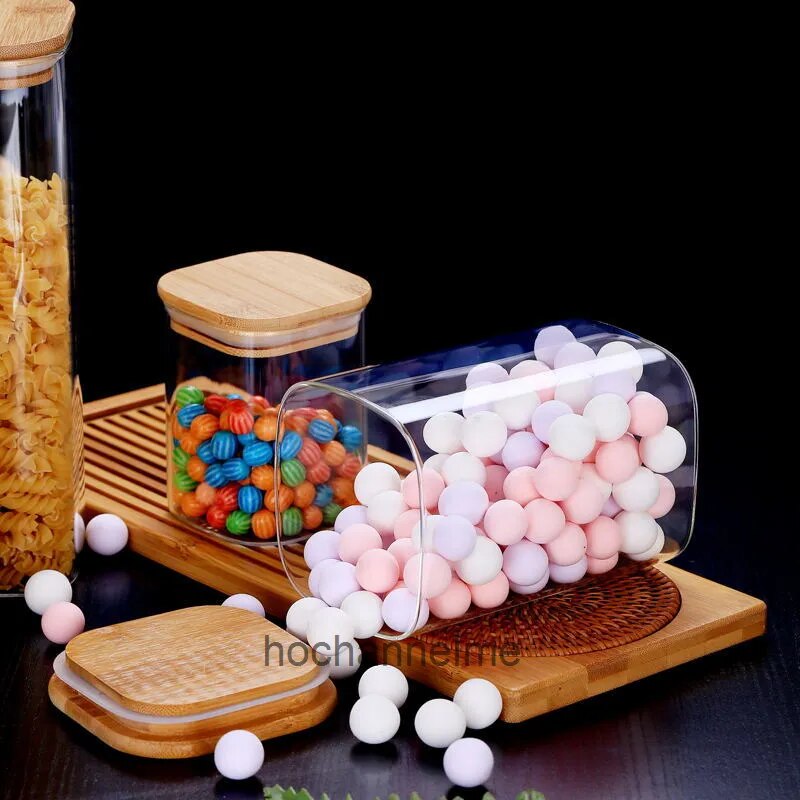 Sealing Kitchen Grain Tea Mason Storage Tank With Bamboo Cover Glass Jars For Spices Condiments Organizer Airtight Container