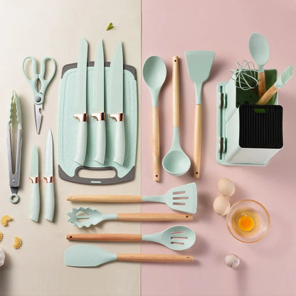 19Pcs Silicone Non-Stick Cookware Utensils Set Wooden Handle Spatula Egg Beaters Kitchenware Heat Resistant Kitchen Accessories