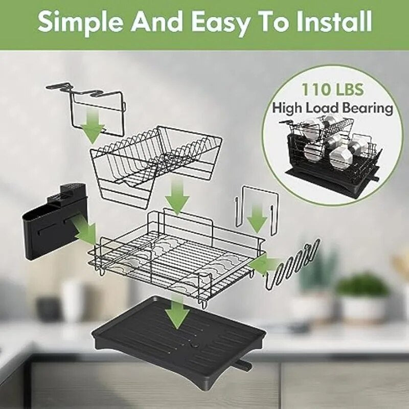 organizers Dish Drying Racks for Kitchen Counter, Stainless Steel 2 Tier Black Rack with Drainboard Set, Drainers