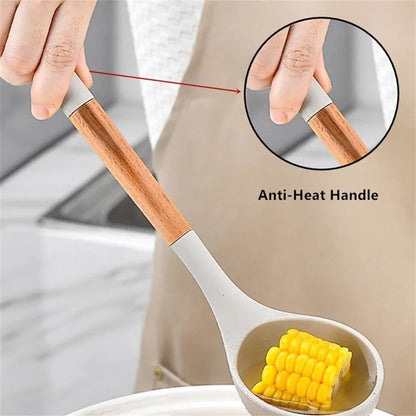 Non-stick Silicone Kitchenware Wooden Handle Cooking Utensils Set   Spatula Spoon Turner Soup Ladle Whisk Cookware Kitchen Tools