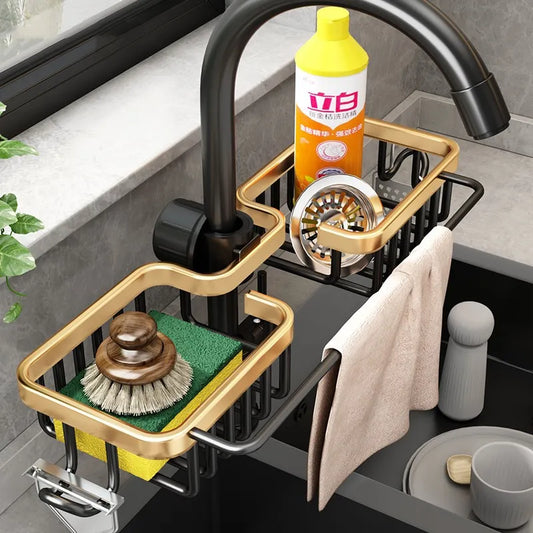 Kitchen Space Aluminum Sink Drain Rack Sponge Storage Faucet Rack Holder Soap Drainer Shelf Basket Organizer Kitchen Accessories