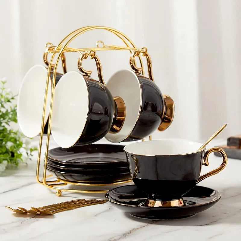 Tea Cups and Saucers with Golden Trim,Set of (8.5 OZ), Luxury Relief Printing Coffee Cups with Metal Stand, British Royal