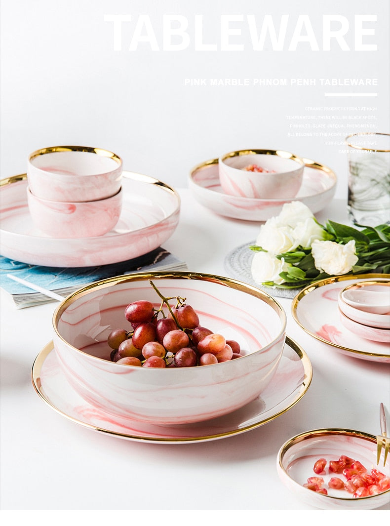 Pretty in Pink Marble Ceramic Plate Set - Elegant and Modern Dinnerware