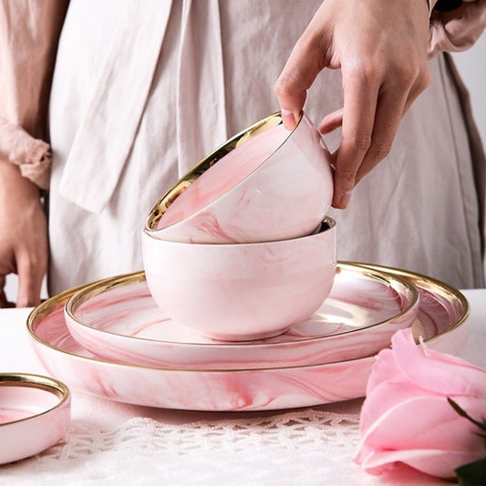 Pretty in Pink Marble Ceramic Plate Set - Elegant and Modern Dinnerware