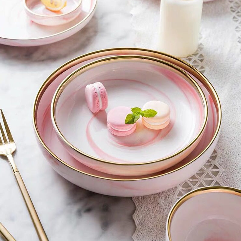 Pretty in Pink Marble Ceramic Plate Set - Elegant and Modern Dinnerware